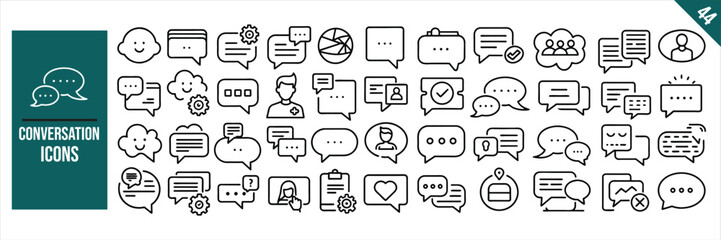 Set of 44 outline icons related to conversation. Linear icon collection. Vector illustration.
