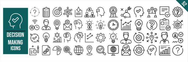Set of 52 outline icons related to Decision making. Linear icon collection. Vector illustration.