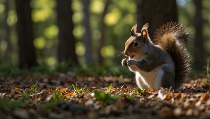 The playful antics of a squirrel scampering across a sun-dappled forest floor, clutching an acorn...