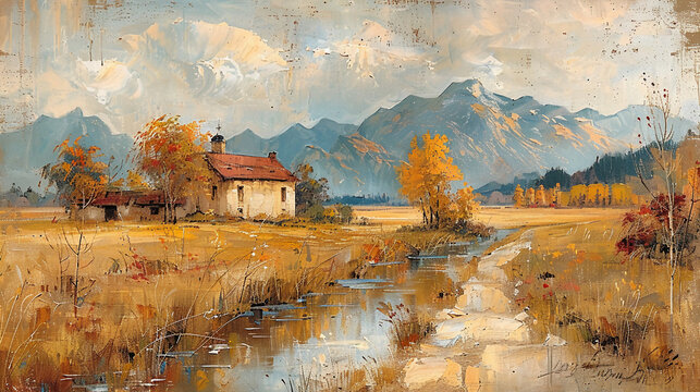 a landscape painting, muted colors, vintage style, impressionist painting, vintage oil paint on canvas, beautiful muted colors, intricate details, detailed brush strokes --ar 16:9 --stylize 750