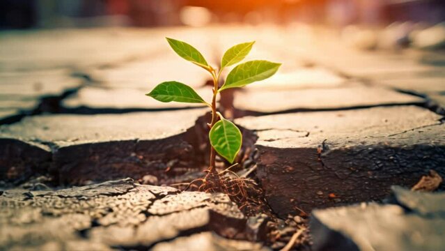 A tiny green seedling pushes through dry soil,A tiny green seedling pushes through dry soil,Close up, small tree growing on Cracked Street