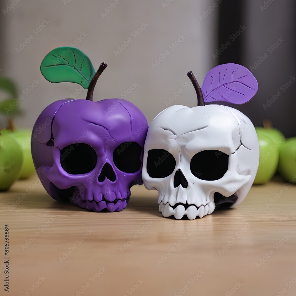 Poster Two skulls with apples on top of them