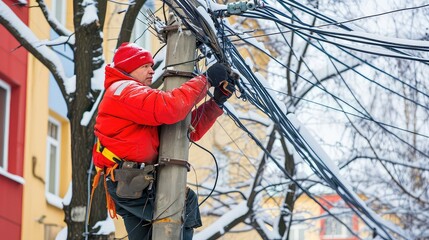 With determination, he repairs live wires in the face of danger.