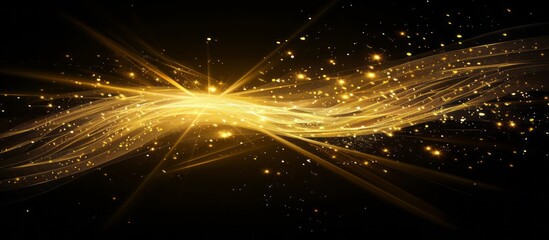 Abstract golden light rays against a striking black backdrop, featuring captivating light effects, glowing lines, and subtle lens flare for added flair