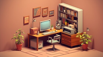 Isometric 3D Single Room Interior Featuring Minimalist Computer Workstation.