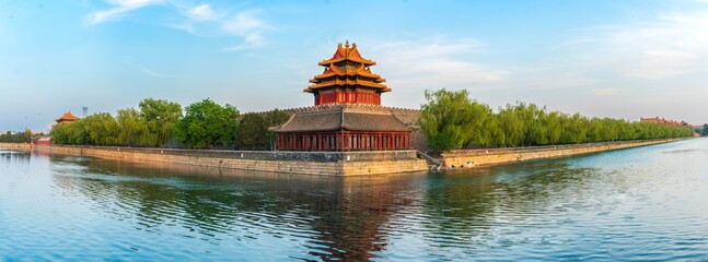 panoranic view of Forbidden City and moat, Beijing, China. Northwest corner tower of the Forbidden City and moat, Beijing, China