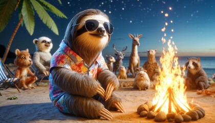 sloth, animal, funny, summer, zoo, bonfire, copy space, camping, beach, space, sunglasses