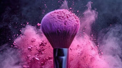 Makeup brush with pink and purple powder explosion