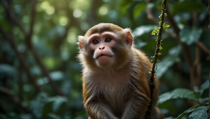 The mischievous charm of a monkey swinging through lush jungle foliage, its curious gaze fixed on a dangling vine ai_generated