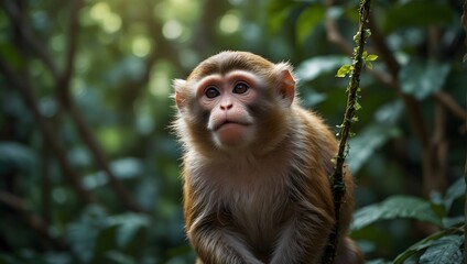 Fototapeta premium The mischievous charm of a monkey swinging through lush jungle foliage, its curious gaze fixed on a dangling vine ai_generated