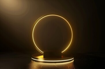 Abstract golden podium with light effects on a dark background, presentation design template for an award ceremony or competition