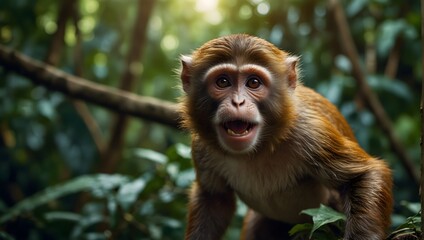 The mischievous charm of a monkey swinging through lush jungle foliage, its curious gaze fixed on a dangling vine ai_generated