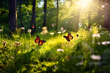 summer forest glade with flowering grass and butterflies on a sunny day;
