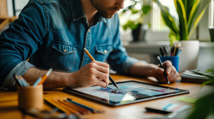 designer drawing on digital tablet at home - Powered by Adobe