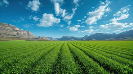 Panoramic natural landscape with green grass field, blue sky with clouds and mountains in background - Powered by Adobe