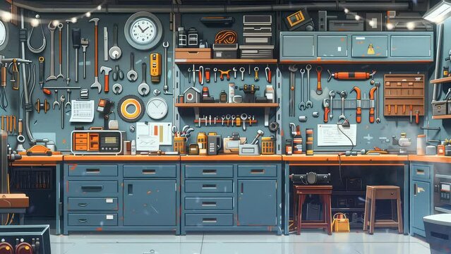 Animation clean bike garage. seamless 4k video looping background. generated with ai