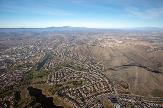Morning aerial view from hot air balloon of housing in Menifee southern California United States