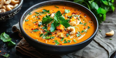 A close shot and top view of bowl of creamy sweet potato soup with cashew nut with a big space for text or product advertisement background, Generative AI.