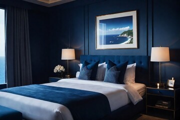 Stylish hotel room with ocean view, dark blue color.