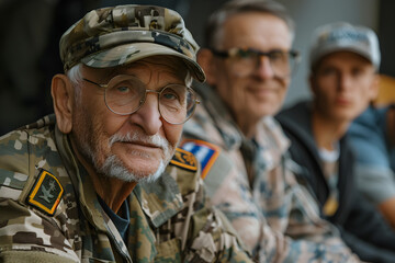 Veterans visiting a VA hospital or nursing home, spending time with fellow veterans on Memorial Day.