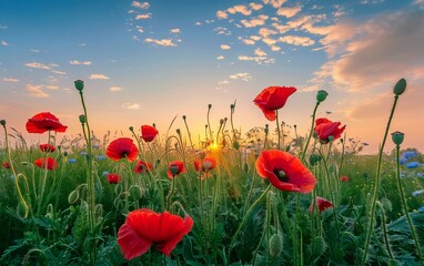 Obraz premium Beautiful view at sunrise. Red poppies blooming in the field against the sun, blue sky. Wildflowers in spring. Stunning natural views