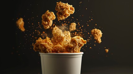 A close-up shot capturing the texture and crispiness of fried chicken, bursting out of its...