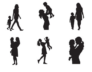 Mom and child Black Silhouettes Vector illustration. Happy Mother's Day concept