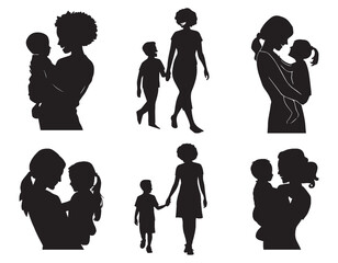 Mom and child Black Silhouettes Vector illustration. Happy Mother's Day concept