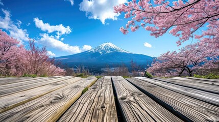 wooden floor with mountain and cherry blossoms in spring