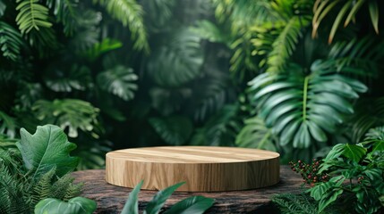 Wooden podium in tropical forest for product presentation and green background