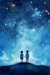 A captivating watercolor illustration of two children holding hands under a starry night sky, embodying the wonder of exploration and the magic of the cosmos.