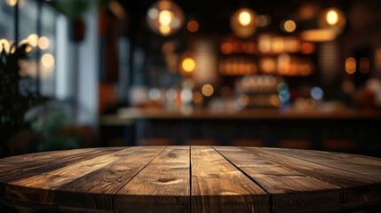 Wooden round table and pub or bar blur background