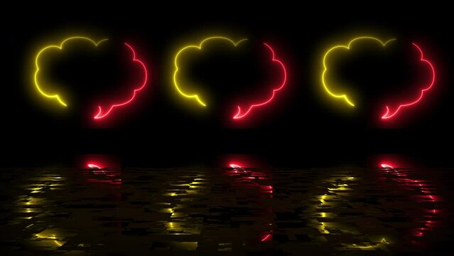 Cloud shape text msg icon animation in 4K reflective black bg. Chatting messaging conversation going on cartoon style modern neon led light talking neon speech typing cloud bubble thinking idea sign.
