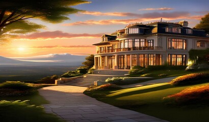 Luxury house perched atop a hill during golden hour.
