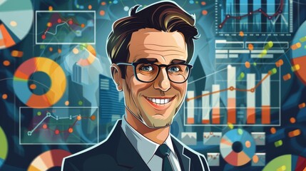 A smiling businessman with data charts in the background