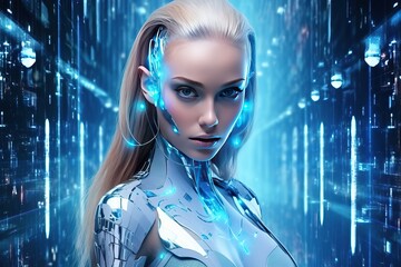 Woman android robot on digital background. New reality. Replacing people with robots.