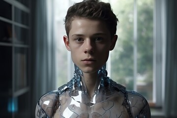 Teenager boy with a robotic body. Transplantation of the soul and mind into a mechanical body. Cloning and robotization. Modern science of life extension in a robotic body.