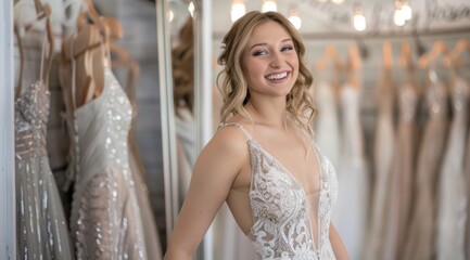 Fototapeta premium Elegant Bridal Moment: Bride in Stunning Wedding Dress at Wedding Store