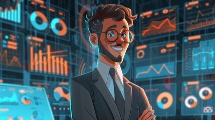 Futuristic tech wizard confidently overseeing digital operations