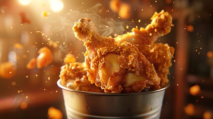 A close-up shot of a crispy chicken drumstick protruding enticingly from a bucket filled with more...