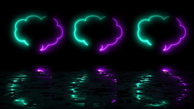 Cloud shape text msg icon animation in 4K reflective black bg. Chatting messaging conversation going on cartoon style modern neon led light talking neon speech typing cloud bubble thinking idea sign.
