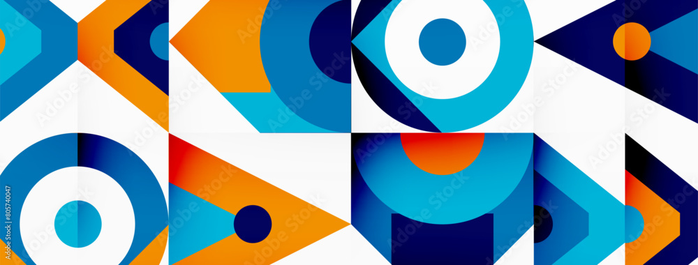 Poster An azure and blue geometric pattern featuring circles and arrows on a white background, resembling a textile design. The art includes rectangles and circles, creating a bold and eyecatching visual