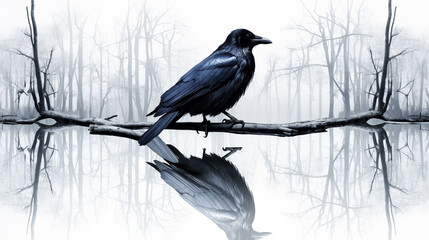 Naklejka premium Double Exposure, White Background, illustration of a Crow in front of a forest ~ Created using Generative AI