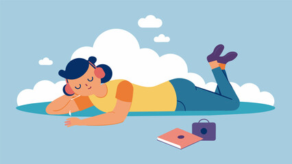 Laying on a fluffy rug in a quiet corner eyes closed and revisiting the days workout in their mind while listening to soothing instrumental music.. Vector illustration
