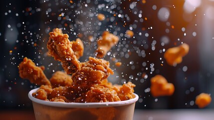 A dynamic shot capturing fried chicken pieces cascading out of a paper bucket, creating a...