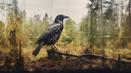 Fototapeta premium Double Exposure, White Background, illustration of a Crow in front of a forest ~ Created using Generative AI