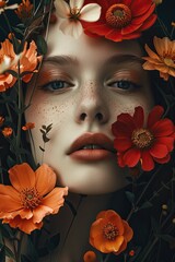 abstract lady concept art for print, surrealism, a flat flower, and a female surreal art poster with flowers