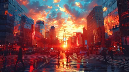 Fototapeta premium A stunning digital painting of a vibrant cityscape with towering skyscrapers and busy streets