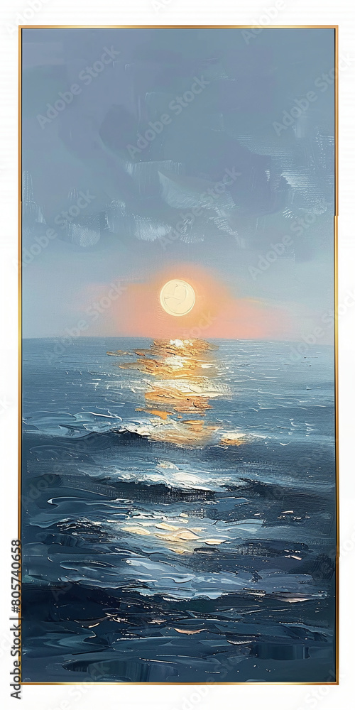 Wall mural Sunset over the Sea, in the style of a minimalist oil painting, with light blue and gray tones. The sun sets over an open ocean, reflecting on calm waters. A thin golden border frames the canvas, addi - Wall murals
