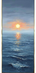 Sunset over the Sea, in the style of a minimalist oil painting, with light blue and gray tones. The sun sets over an open ocean, reflecting on calm waters. A thin golden border frames the canvas, addi